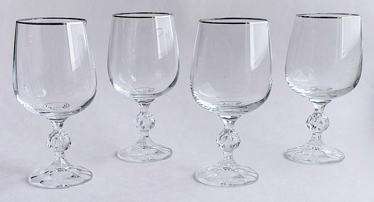 Bohemia Crystal Claudia Water Goblets Set of 4, Vintage Silver Tone Rim Stemware, Czech Crystal Wedding Gift, view 5