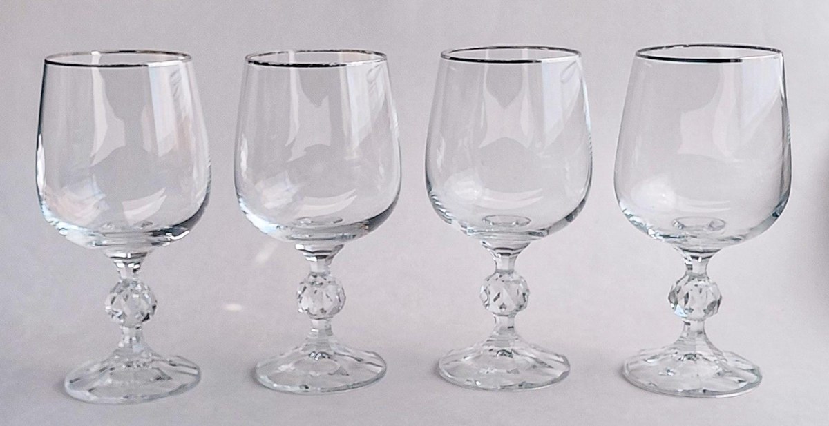 Bohemia Crystal Claudia Water Goblets Set of 4, Vintage Silver Tone Rim Stemware, Czech Crystal Wedding Gift, view 6