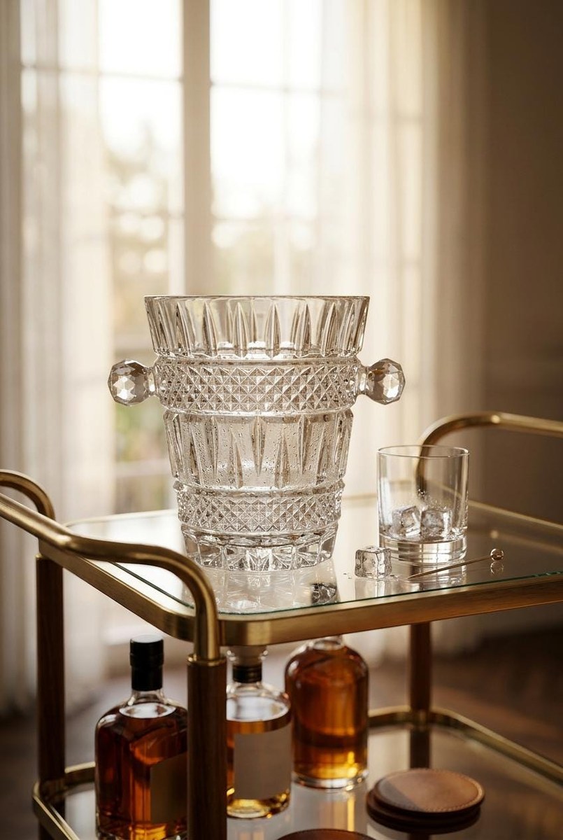 Glasgow Bohemia Crystal Ice Bucket, Vintage Cut Crystal Champagne Bucket, 1950s Czech Wine Cooler Barware, view 14