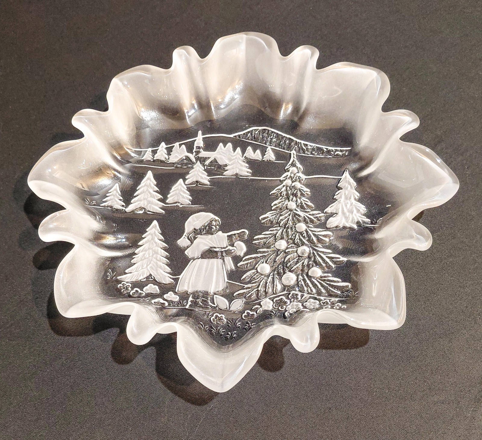 Mikasa Christmas Story Bonbon Plates Set of 2, Vintage Walther Glas Germany Frosted Glass Candy Dish, 9.75 Inch