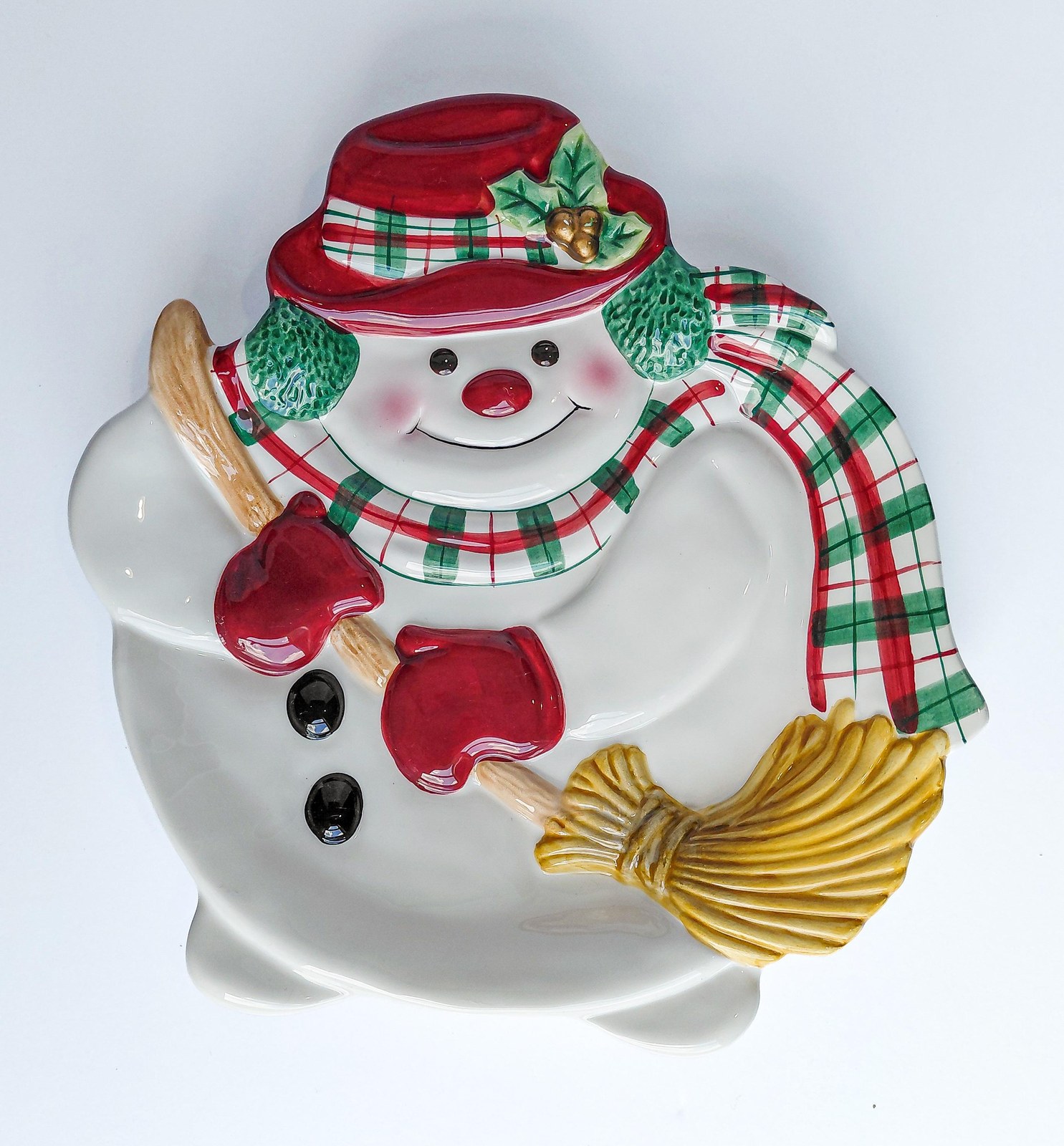 Fitz & Floyd Plaid Christmas Snowman Canape Plate 9 Inch, Vintage Holiday Appetizer Dessert Serving Tray Decor