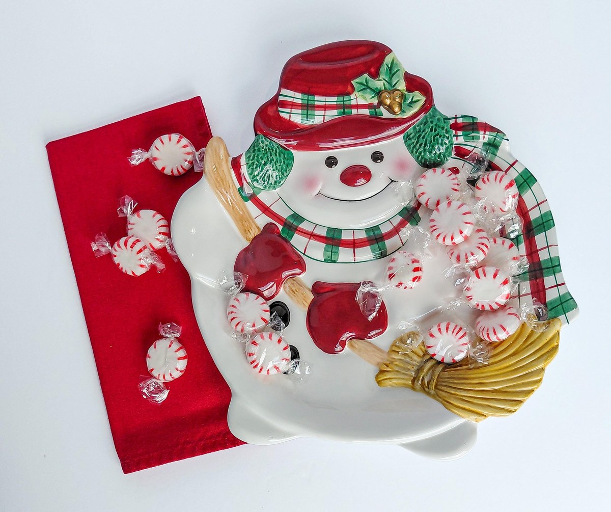 Fitz & Floyd Plaid Christmas Snowman Canape Plate 9 Inch, Vintage Holiday Appetizer Dessert Serving Tray Decor, view 17