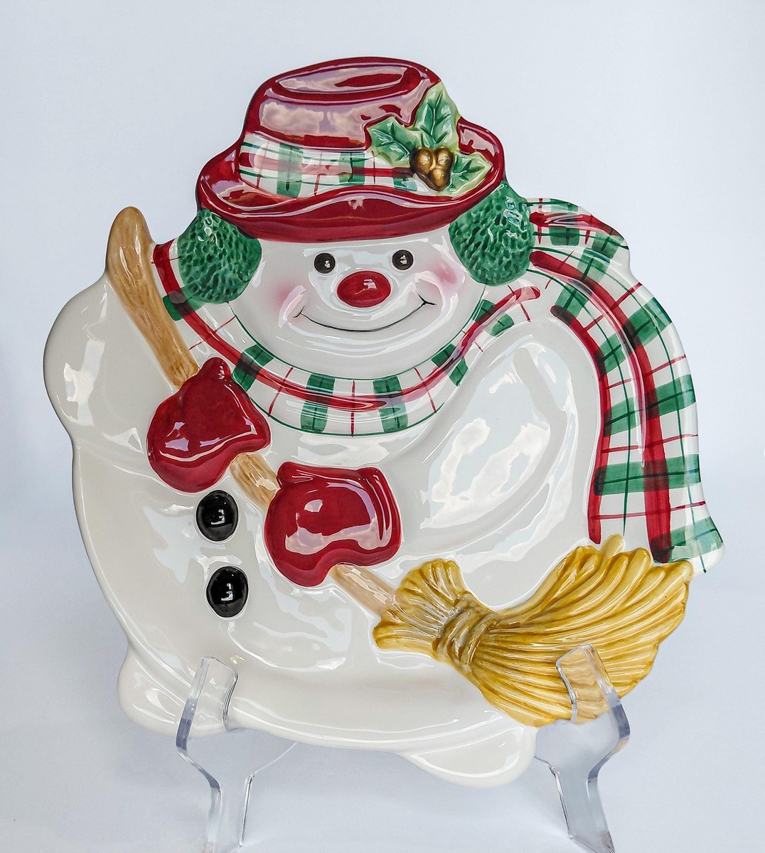 Fitz & Floyd Plaid Christmas Snowman Canape Plate 9 Inch, Vintage Holiday Appetizer Dessert Serving Tray Decor, view 19