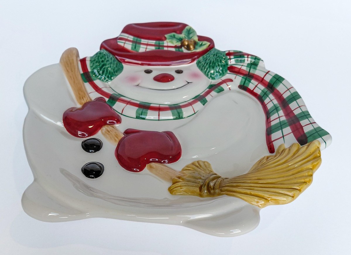 Fitz & Floyd Plaid Christmas Snowman Canape Plate 9 Inch, Vintage Holiday Appetizer Dessert Serving Tray Decor, view 2