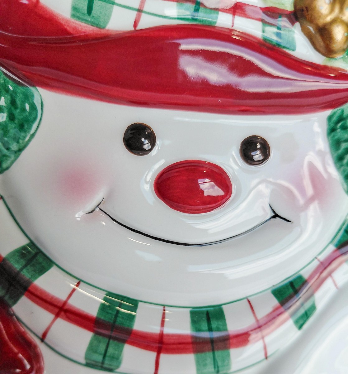 Fitz & Floyd Plaid Christmas Snowman Canape Plate 9 Inch, Vintage Holiday Appetizer Dessert Serving Tray Decor, view 3