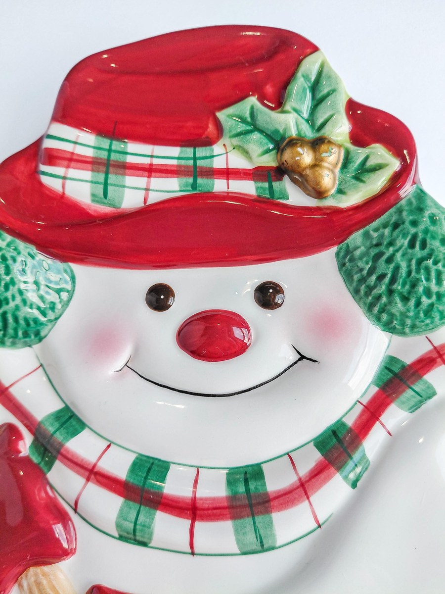 Fitz & Floyd Plaid Christmas Snowman Canape Plate 9 Inch, Vintage Holiday Appetizer Dessert Serving Tray Decor, view 4