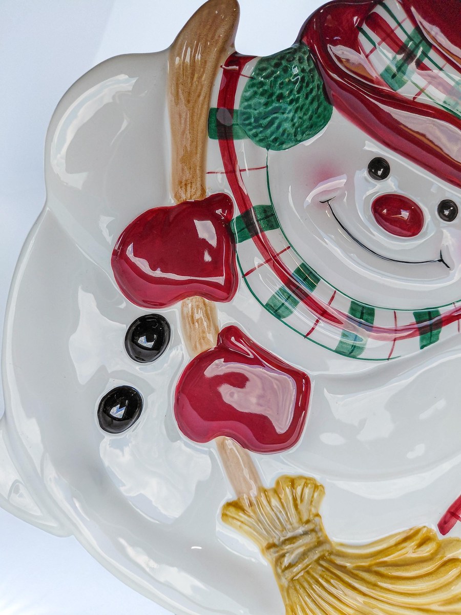 Fitz & Floyd Plaid Christmas Snowman Canape Plate 9 Inch, Vintage Holiday Appetizer Dessert Serving Tray Decor, view 6