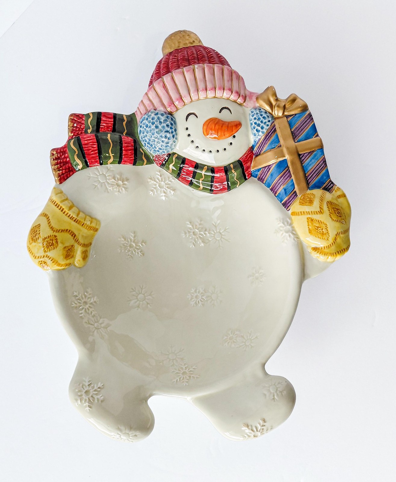Fitz & Floyd Frosty Folks Snowman Serving Bowl, Vintage 1990 Christmas Candy Dish, Holiday Ceramic Decor 11.5 In