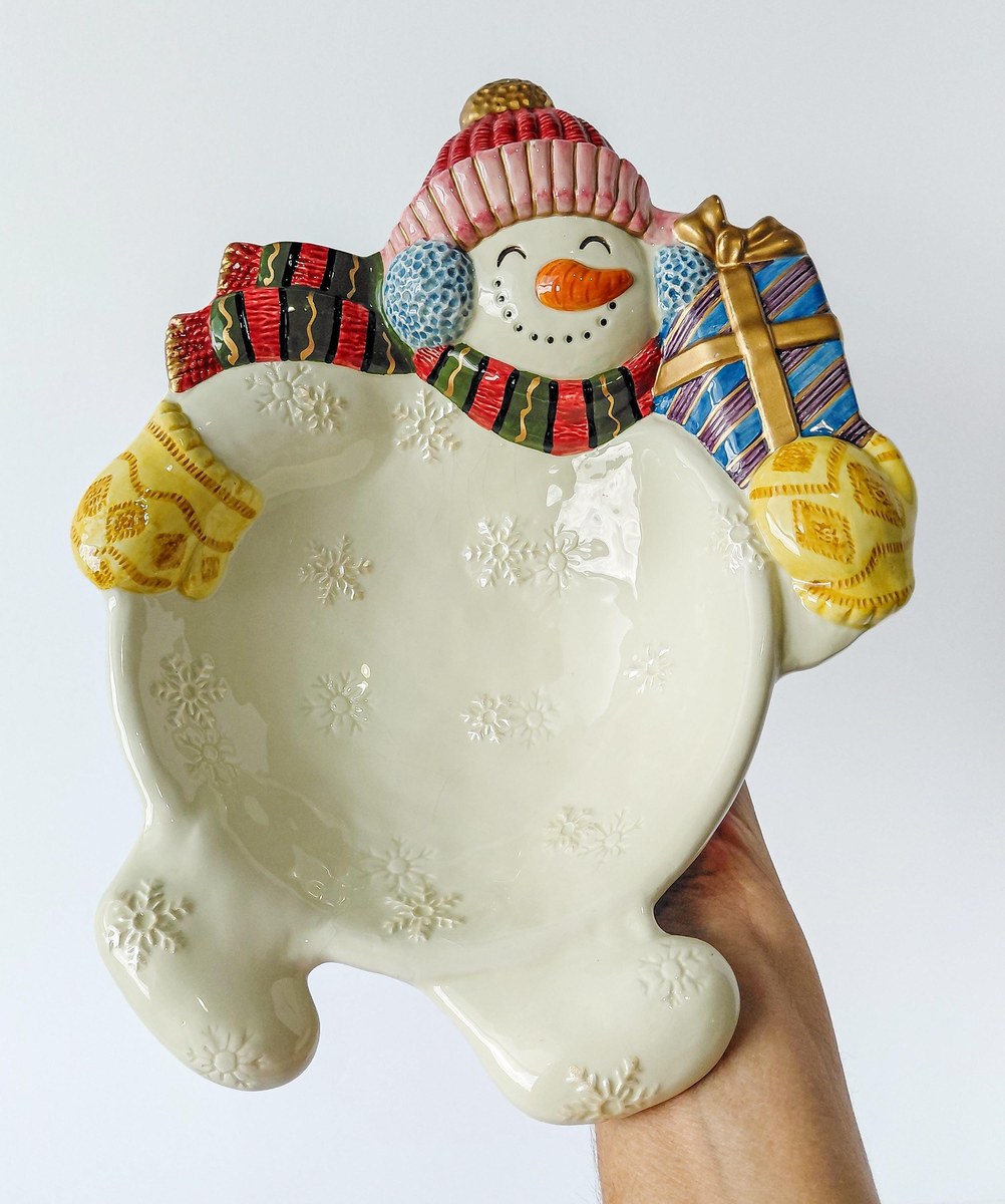 Fitz & Floyd Frosty Folks Snowman Serving Bowl, Vintage 1990 Christmas Candy Dish, Holiday Ceramic Decor 11.5 In, view 16