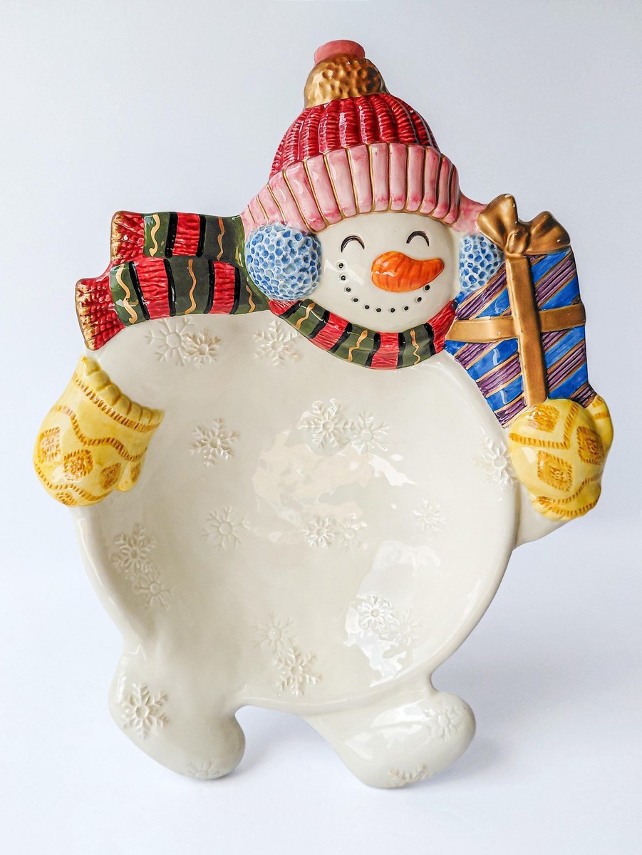 Fitz & Floyd Frosty Folks Snowman Serving Bowl, Vintage 1990 Christmas Candy Dish, Holiday Ceramic Decor 11.5 In, view 19