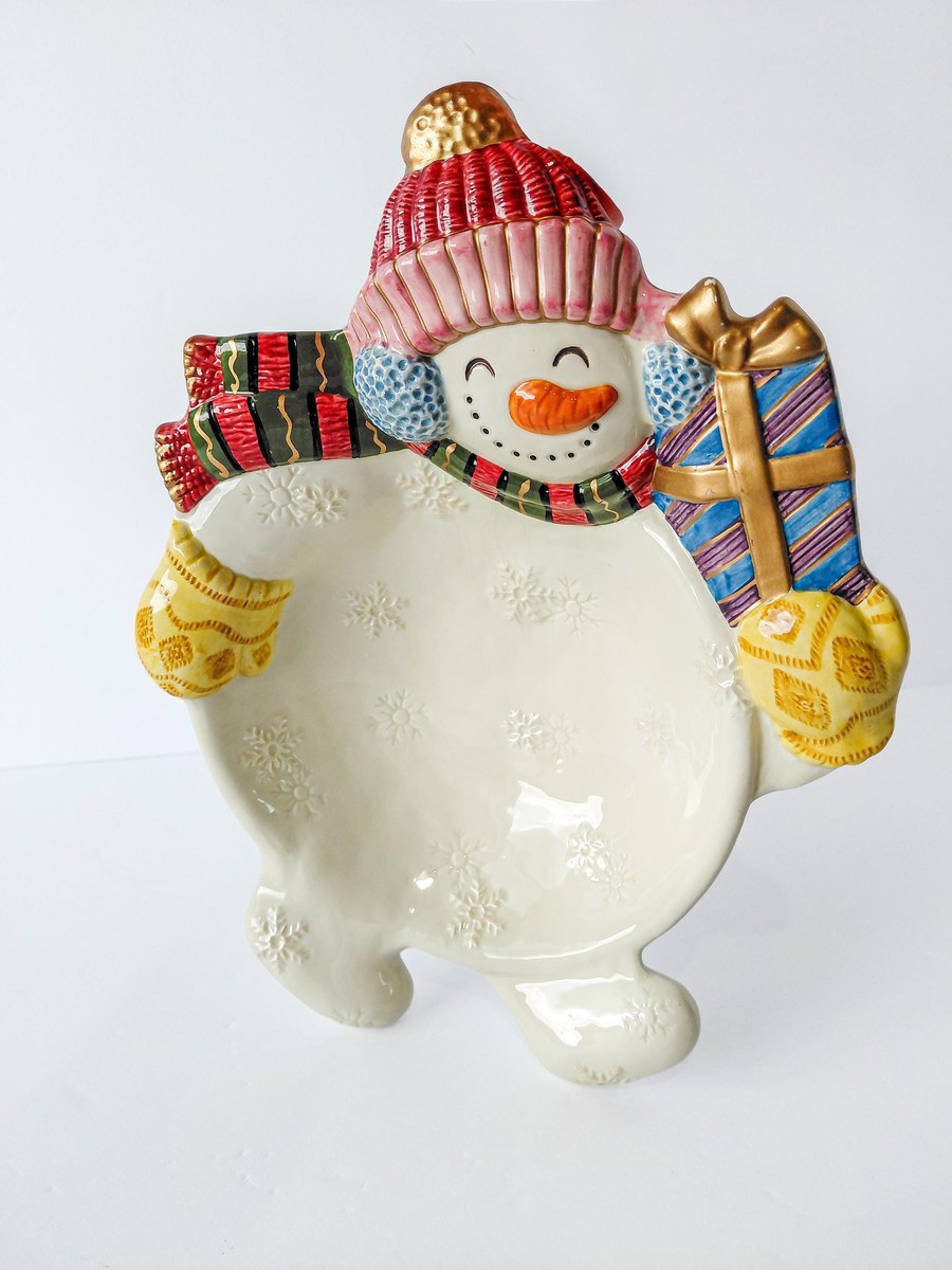 Fitz & Floyd Frosty Folks Snowman Serving Bowl, Vintage 1990 Christmas Candy Dish, Holiday Ceramic Decor 11.5 In, view 2