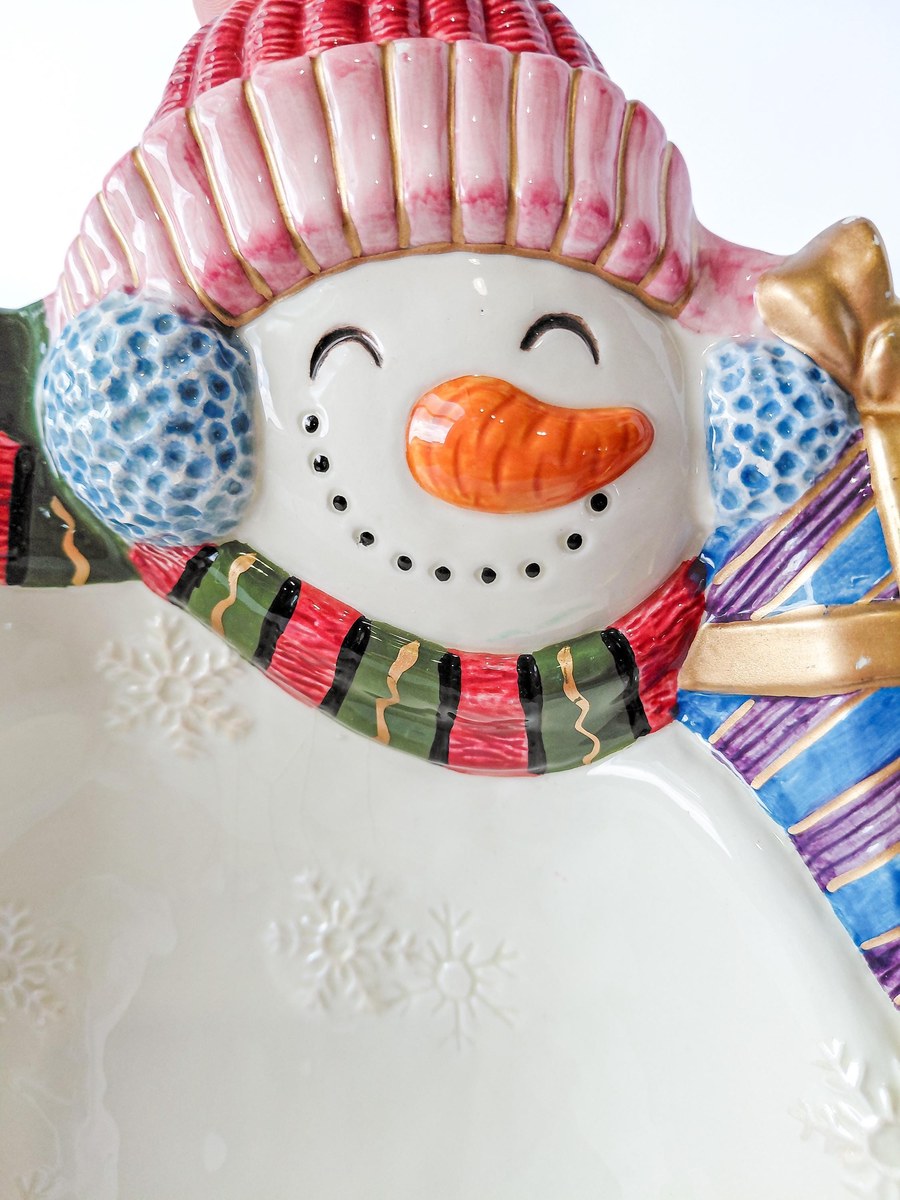 Fitz & Floyd Frosty Folks Snowman Serving Bowl, Vintage 1990 Christmas Candy Dish, Holiday Ceramic Decor 11.5 In, view 7