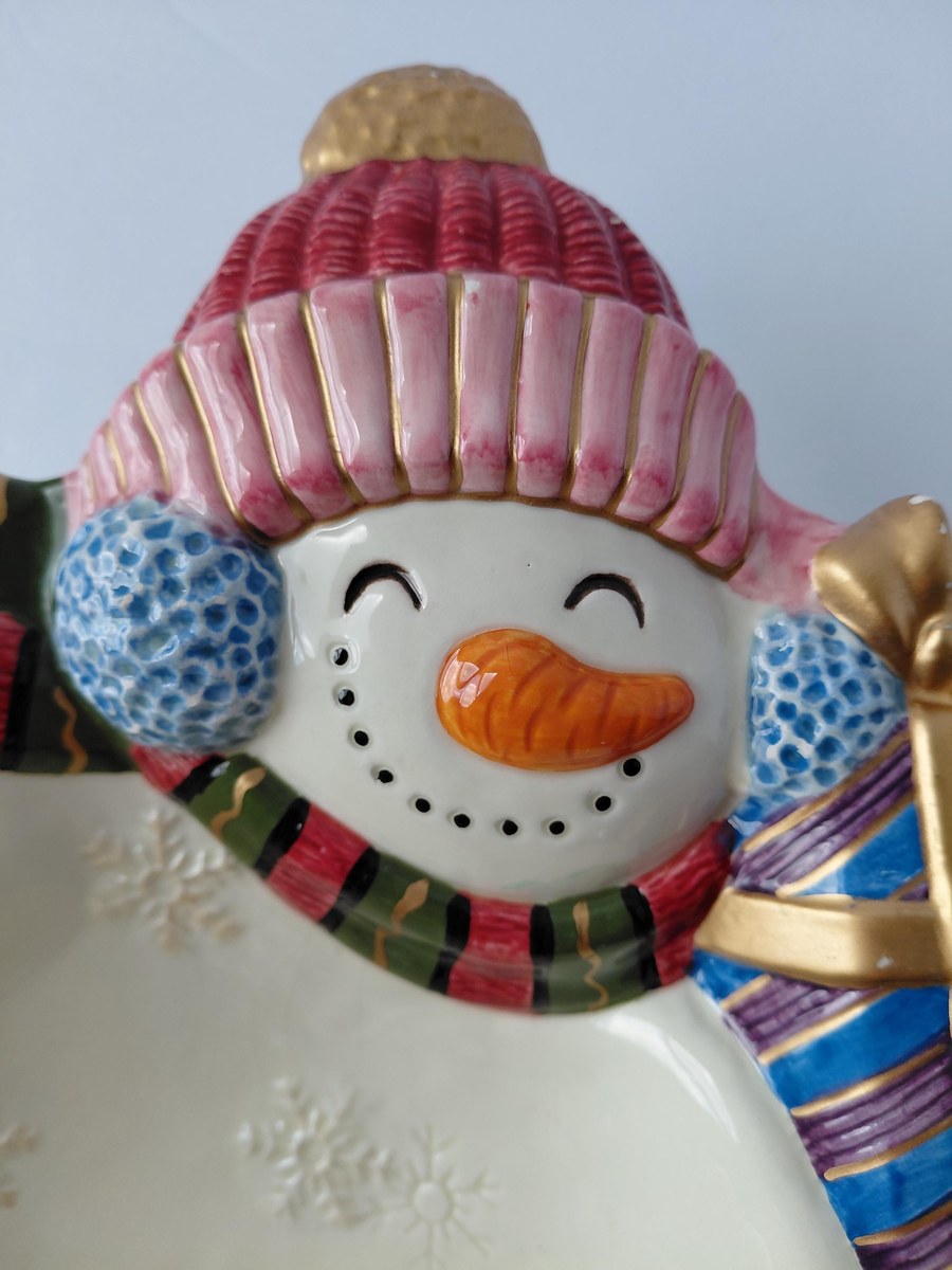 Fitz & Floyd Frosty Folks Snowman Serving Bowl, Vintage 1990 Christmas Candy Dish, Holiday Ceramic Decor 11.5 In, view 8