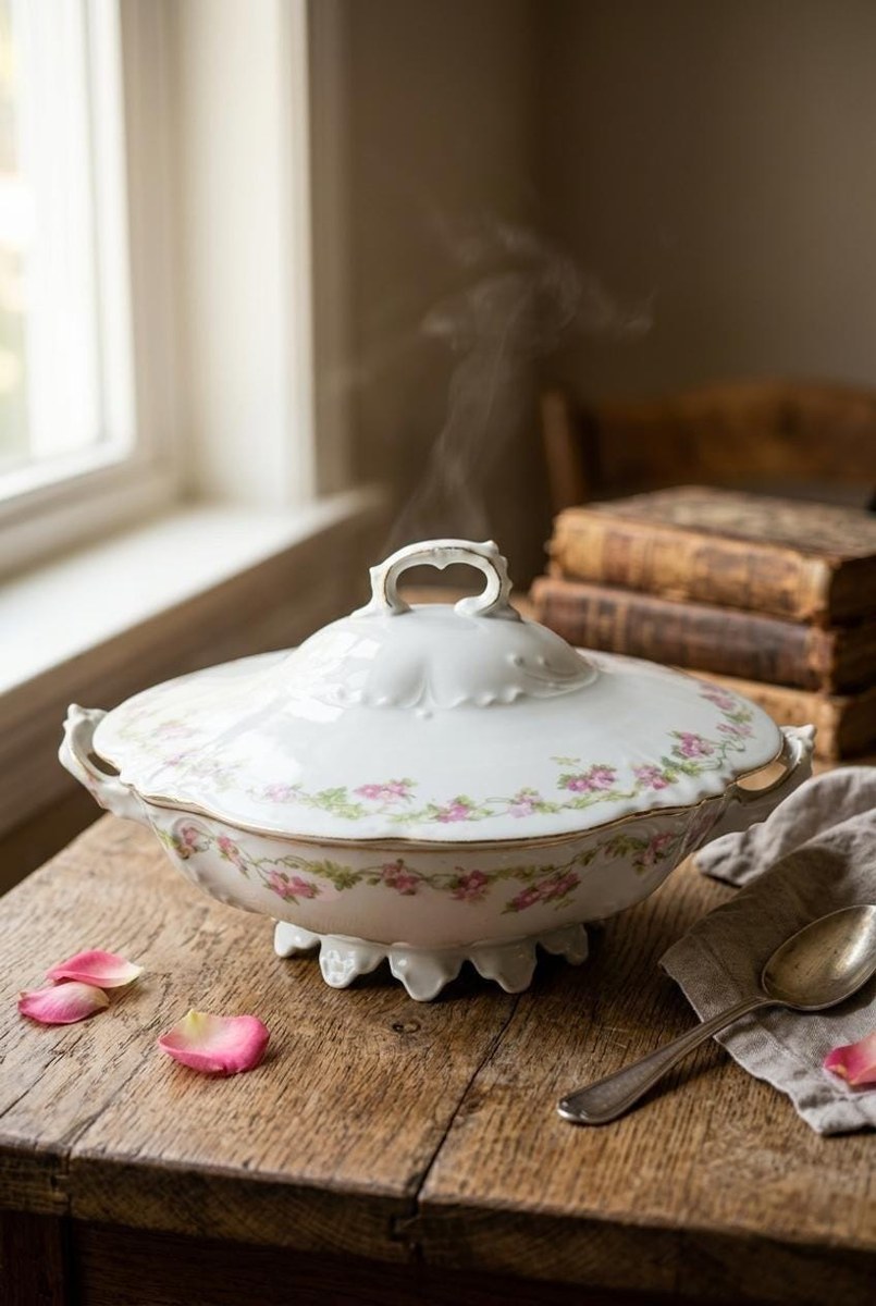 Habsburg HAB95 Round Covered Vegetable Bowl, Antique Austrian Porcelain Pink Floral Serving Bowl, 1892-1909 China, view 19