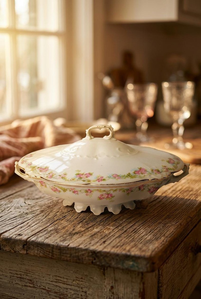 Habsburg HAB95 Oval Covered Vegetable Bowl, Antique Austrian Porcelain Pink Floral Serving Dish, 1892-1909 Victorian, view 19