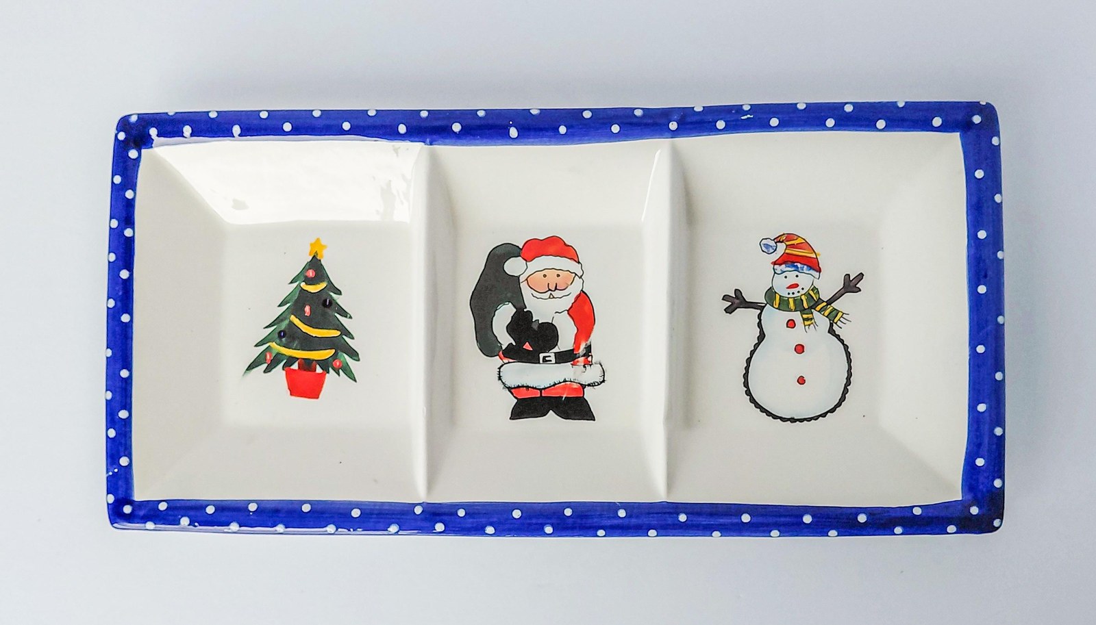 International Silver Co Christmas Divided Serving Tray, Vintage Ceramic Holiday Relish Candy Dish, Santa Snowman
