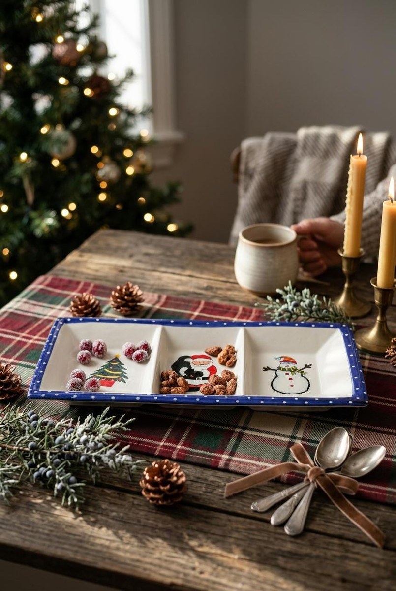 International Silver Co Christmas Divided Serving Tray, Vintage Ceramic Holiday Relish Candy Dish, Santa Snowman, view 18