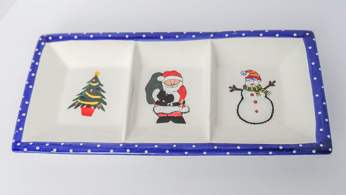 International Silver Co Christmas Divided Serving Tray, Vintage Ceramic Holiday Relish Candy Dish, Santa Snowman, view 19