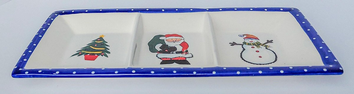 International Silver Co Christmas Divided Serving Tray, Vintage Ceramic Holiday Relish Candy Dish, Santa Snowman, view 2