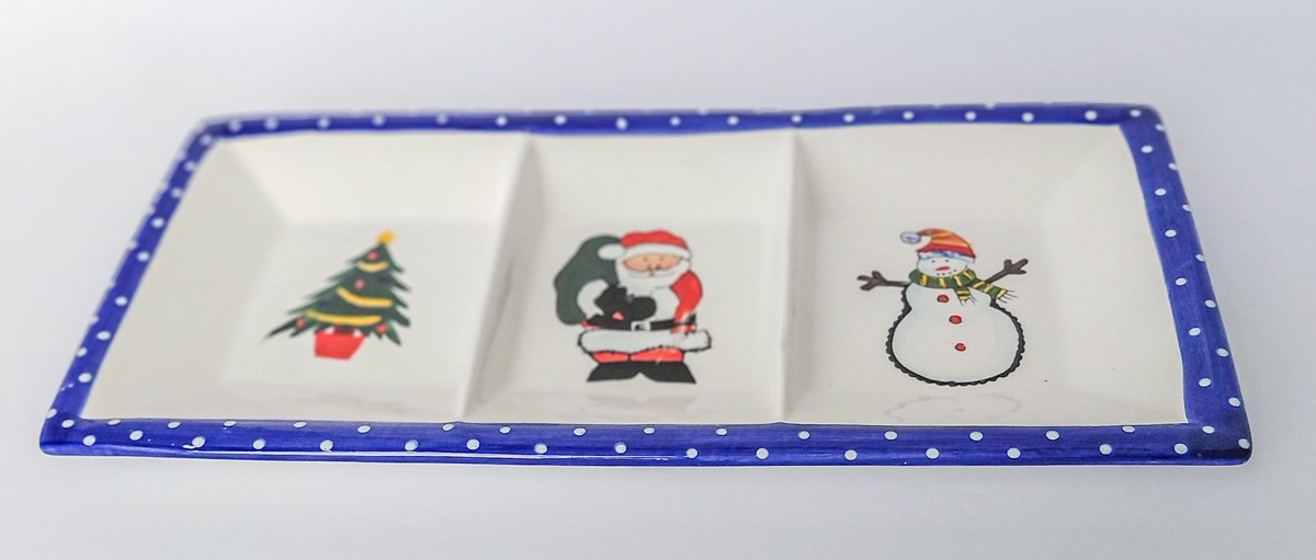 International Silver Co Christmas Divided Serving Tray, Vintage Ceramic Holiday Relish Candy Dish, Santa Snowman, view 20