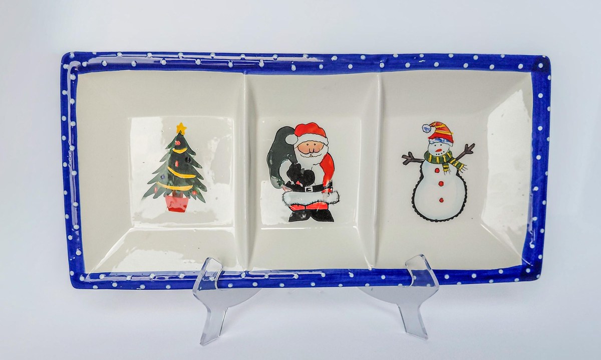 International Silver Co Christmas Divided Serving Tray, Vintage Ceramic Holiday Relish Candy Dish, Santa Snowman, view 3