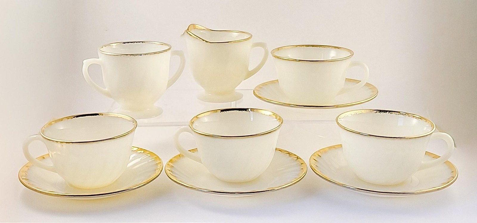 Fire King Golden Anniversary Coffee Set, Vintage Milk Glass Swirl 22K Gold Trim, Creamer Sugar Bowl Cups Saucers