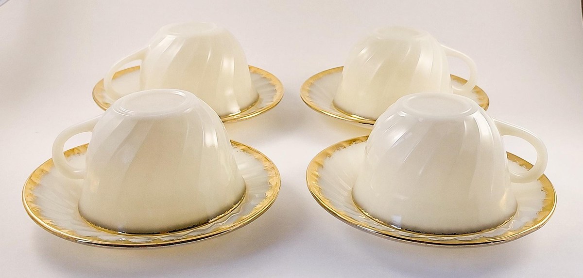 Fire King Golden Anniversary Coffee Set, Vintage Milk Glass Swirl 22K Gold Trim, Creamer Sugar Bowl Cups Saucers, view 10