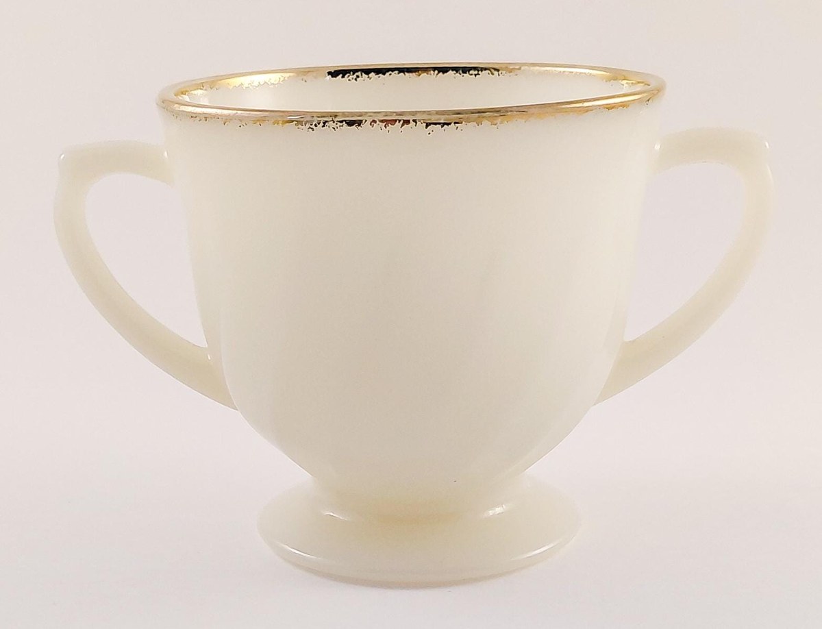 Fire King Golden Anniversary Coffee Set, Vintage Milk Glass Swirl 22K Gold Trim, Creamer Sugar Bowl Cups Saucers, view 11