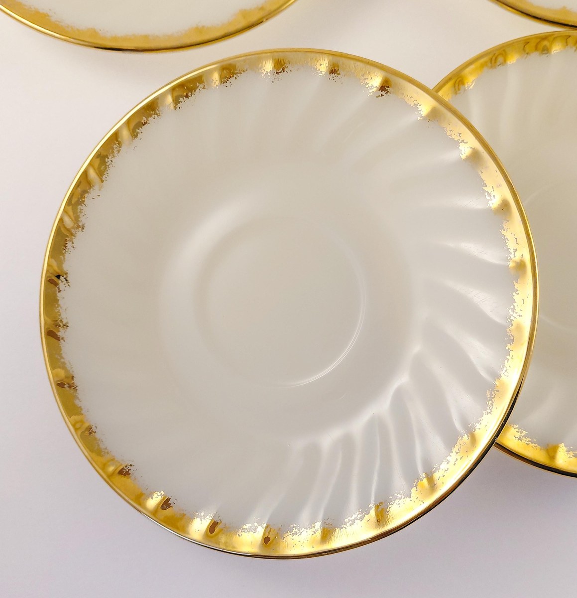 Fire King Golden Anniversary Coffee Set, Vintage Milk Glass Swirl 22K Gold Trim, Creamer Sugar Bowl Cups Saucers, view 15