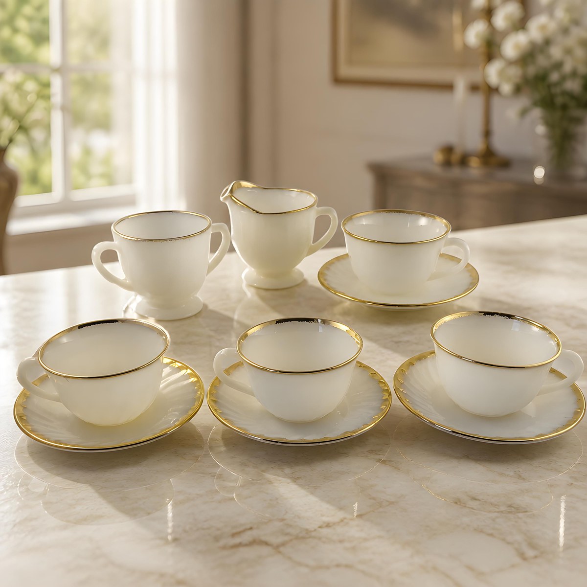 Fire King Golden Anniversary Coffee Set, Vintage Milk Glass Swirl 22K Gold Trim, Creamer Sugar Bowl Cups Saucers, view 17