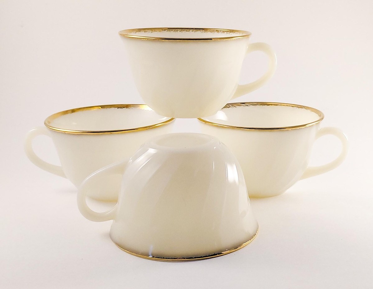 Fire King Golden Anniversary Coffee Set, Vintage Milk Glass Swirl 22K Gold Trim, Creamer Sugar Bowl Cups Saucers, view 18