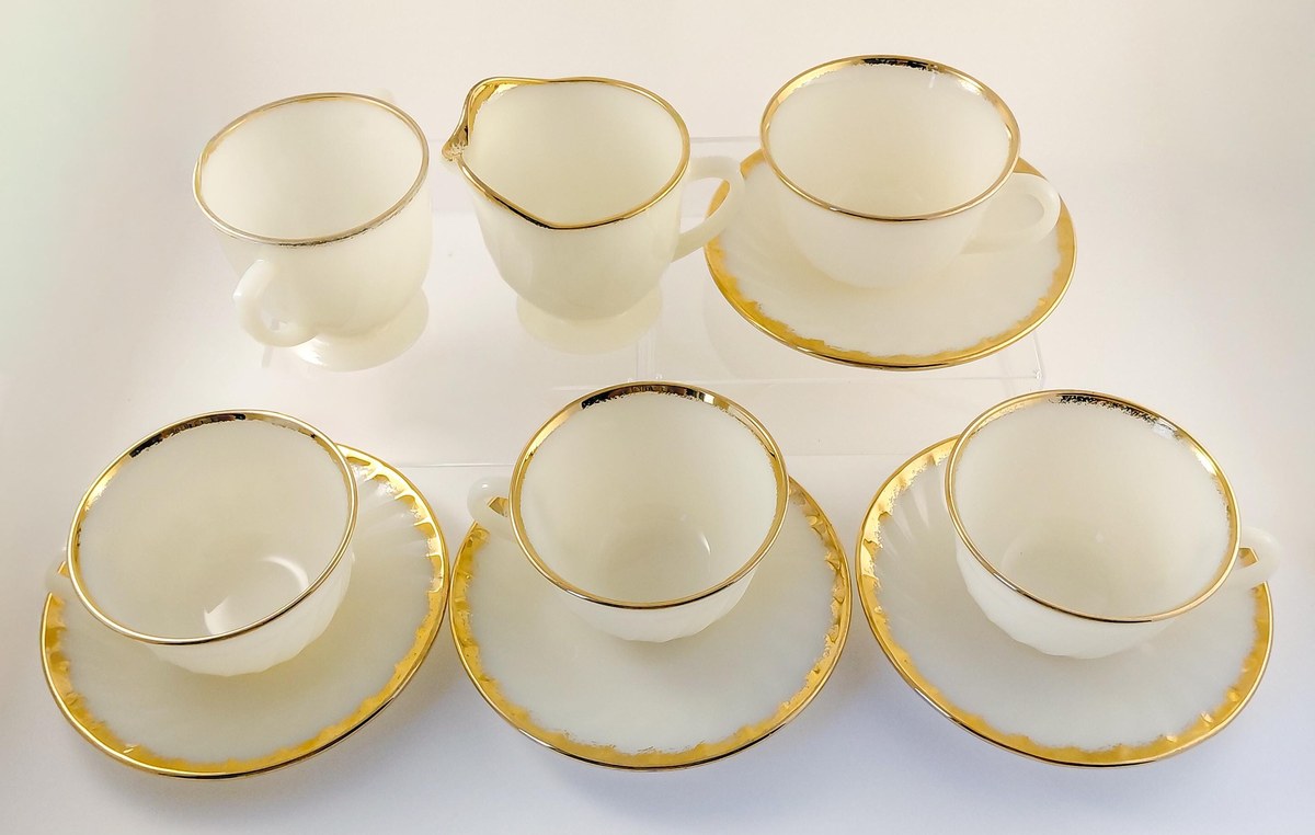 Fire King Golden Anniversary Coffee Set, Vintage Milk Glass Swirl 22K Gold Trim, Creamer Sugar Bowl Cups Saucers, view 2