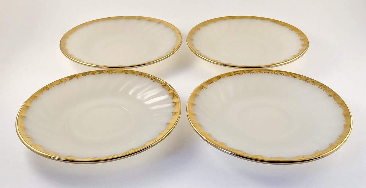 Fire King Golden Anniversary Coffee Set, Vintage Milk Glass Swirl 22K Gold Trim, Creamer Sugar Bowl Cups Saucers, view 20