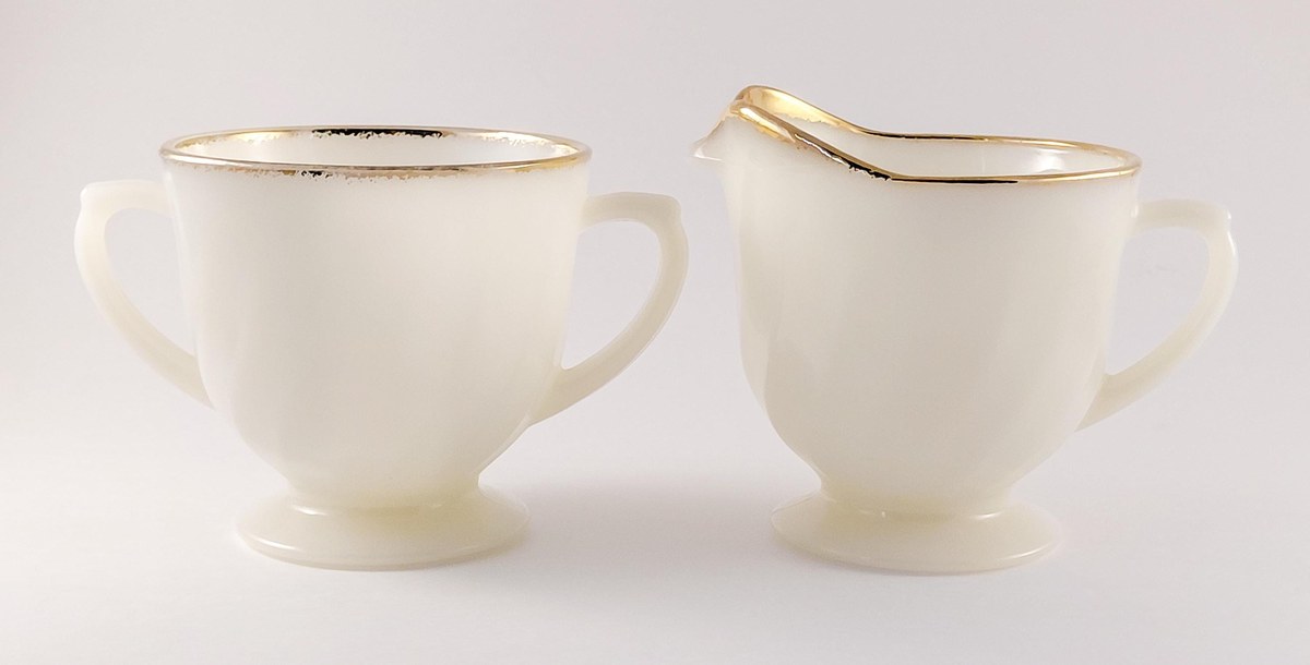 Fire King Golden Anniversary Coffee Set, Vintage Milk Glass Swirl 22K Gold Trim, Creamer Sugar Bowl Cups Saucers, view 3