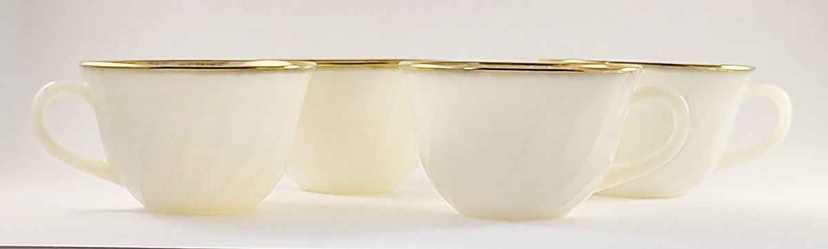Fire King Golden Anniversary Coffee Set, Vintage Milk Glass Swirl 22K Gold Trim, Creamer Sugar Bowl Cups Saucers, view 4