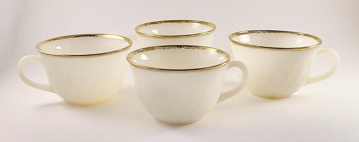 Fire King Golden Anniversary Coffee Set, Vintage Milk Glass Swirl 22K Gold Trim, Creamer Sugar Bowl Cups Saucers, view 5