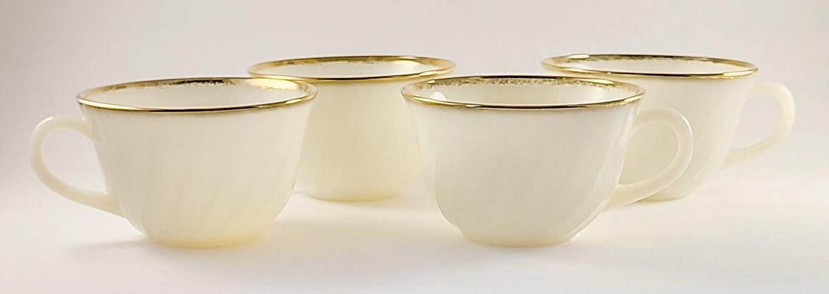 Fire King Golden Anniversary Coffee Set, Vintage Milk Glass Swirl 22K Gold Trim, Creamer Sugar Bowl Cups Saucers, view 6