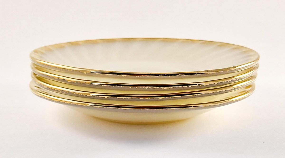 Fire King Golden Anniversary Coffee Set, Vintage Milk Glass Swirl 22K Gold Trim, Creamer Sugar Bowl Cups Saucers, view 7