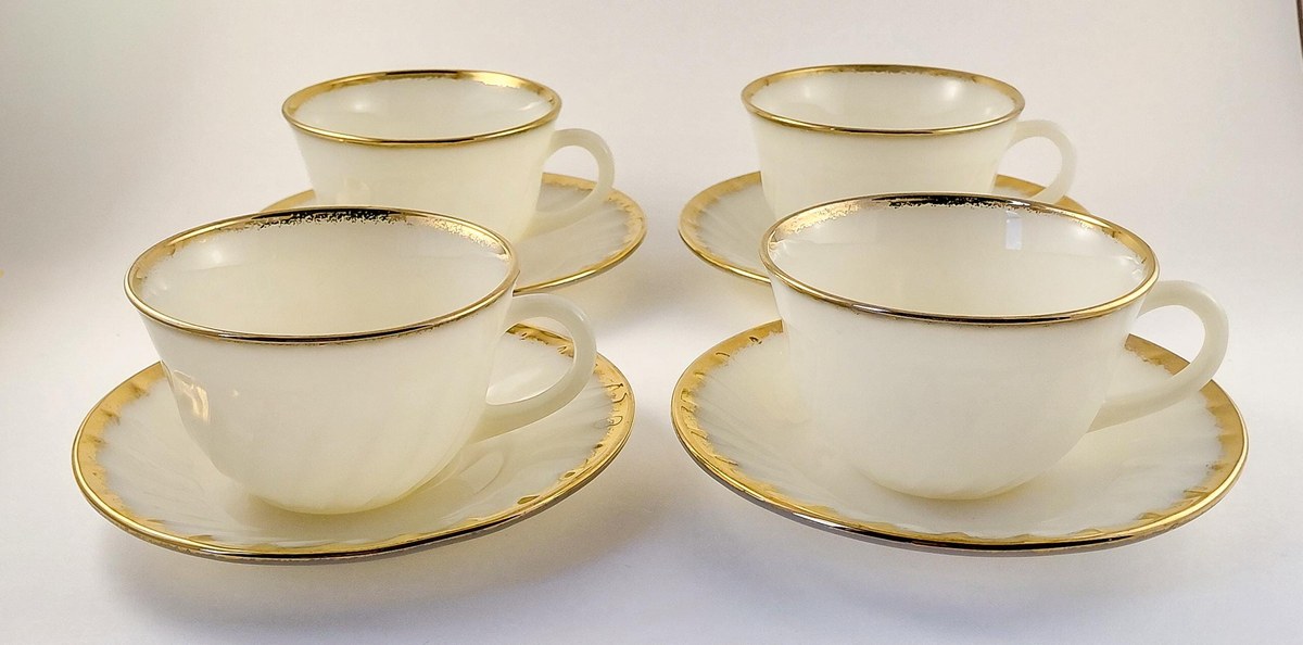 Fire King Golden Anniversary Coffee Set, Vintage Milk Glass Swirl 22K Gold Trim, Creamer Sugar Bowl Cups Saucers, view 8