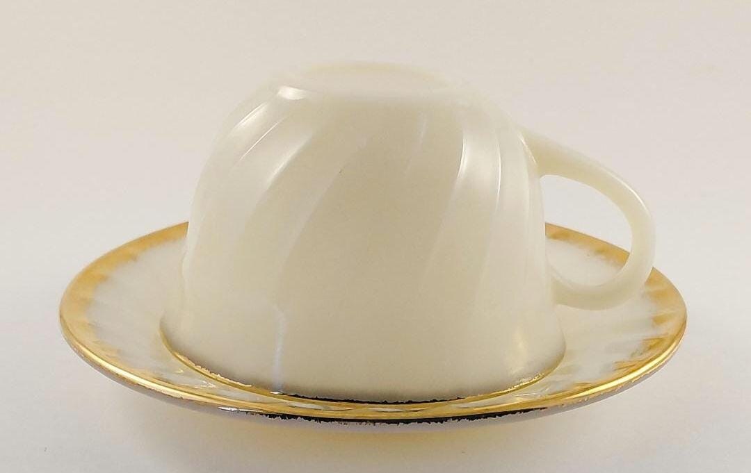 Fire King Golden Anniversary Coffee Set, Vintage Milk Glass Swirl 22K Gold Trim, Creamer Sugar Bowl Cups Saucers, view 9