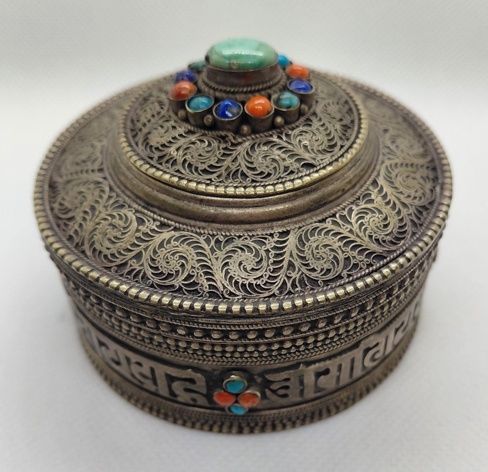 Tibetan Nepalese Filigree Box, Vintage Turquoise Coral Mantra Jewelry Box, Handcrafted Boho Incense Trinket Box