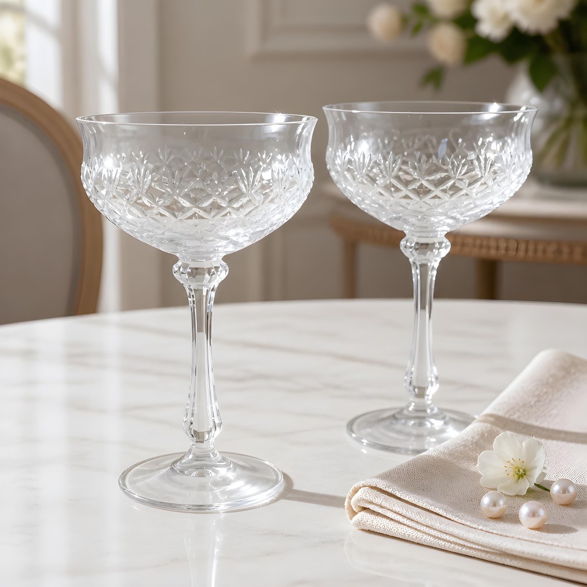 Mikasa Chateau Crystal Champagne Coupes Set of 8, Vintage Tall Sherbet Glasses, 1980s Wedding Barware Stemware, view 16