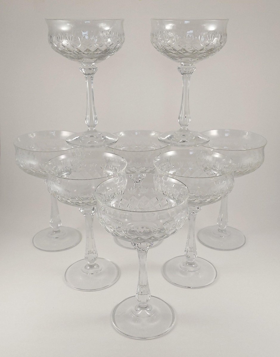 Mikasa Chateau Crystal Champagne Coupes Set of 8, Vintage Tall Sherbet Glasses, 1980s Wedding Barware Stemware, view 2