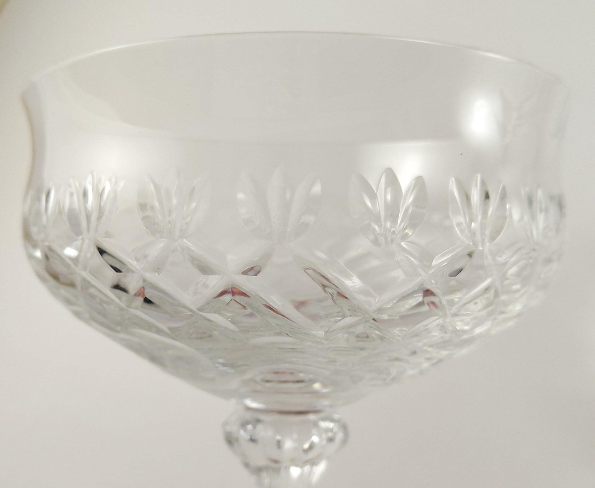Mikasa Chateau Crystal Champagne Coupes Set of 8, Vintage Tall Sherbet Glasses, 1980s Wedding Barware Stemware, view 6