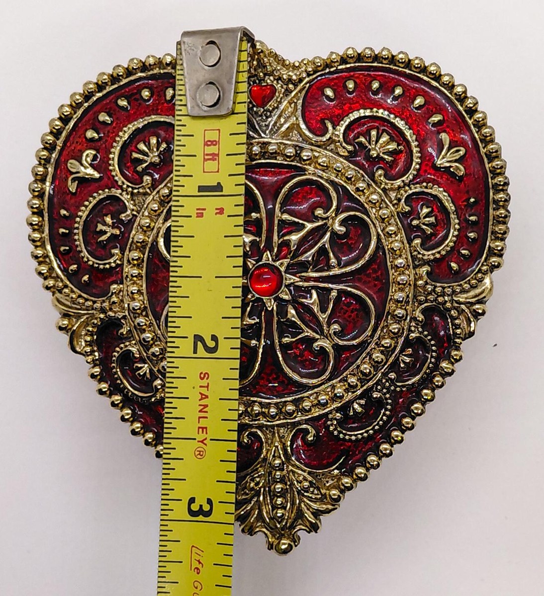 Brass Heart Trinket Box, Vintage Ruby Red Enamel Filigree Jewelry Box, Romantic Vanity Ring Box Gift for Her, view 13