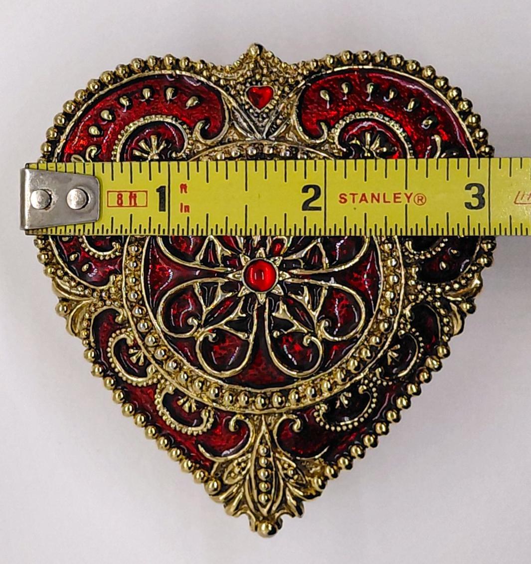 Brass Heart Trinket Box, Vintage Ruby Red Enamel Filigree Jewelry Box, Romantic Vanity Ring Box Gift for Her, view 14