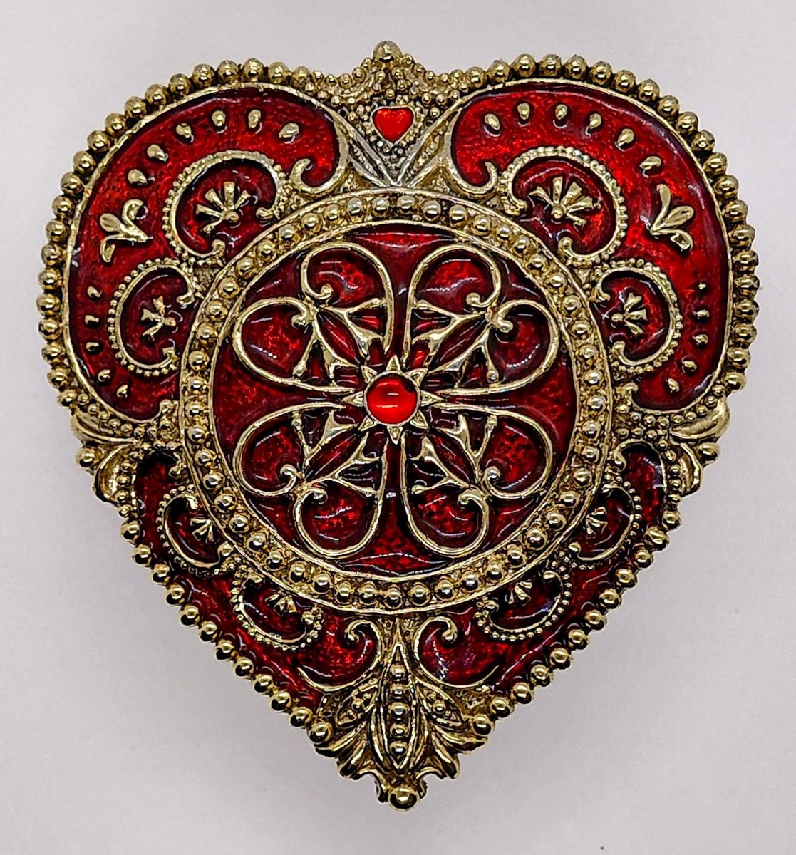 Brass Heart Trinket Box, Vintage Ruby Red Enamel Filigree Jewelry Box, Romantic Vanity Ring Box Gift for Her, view 2