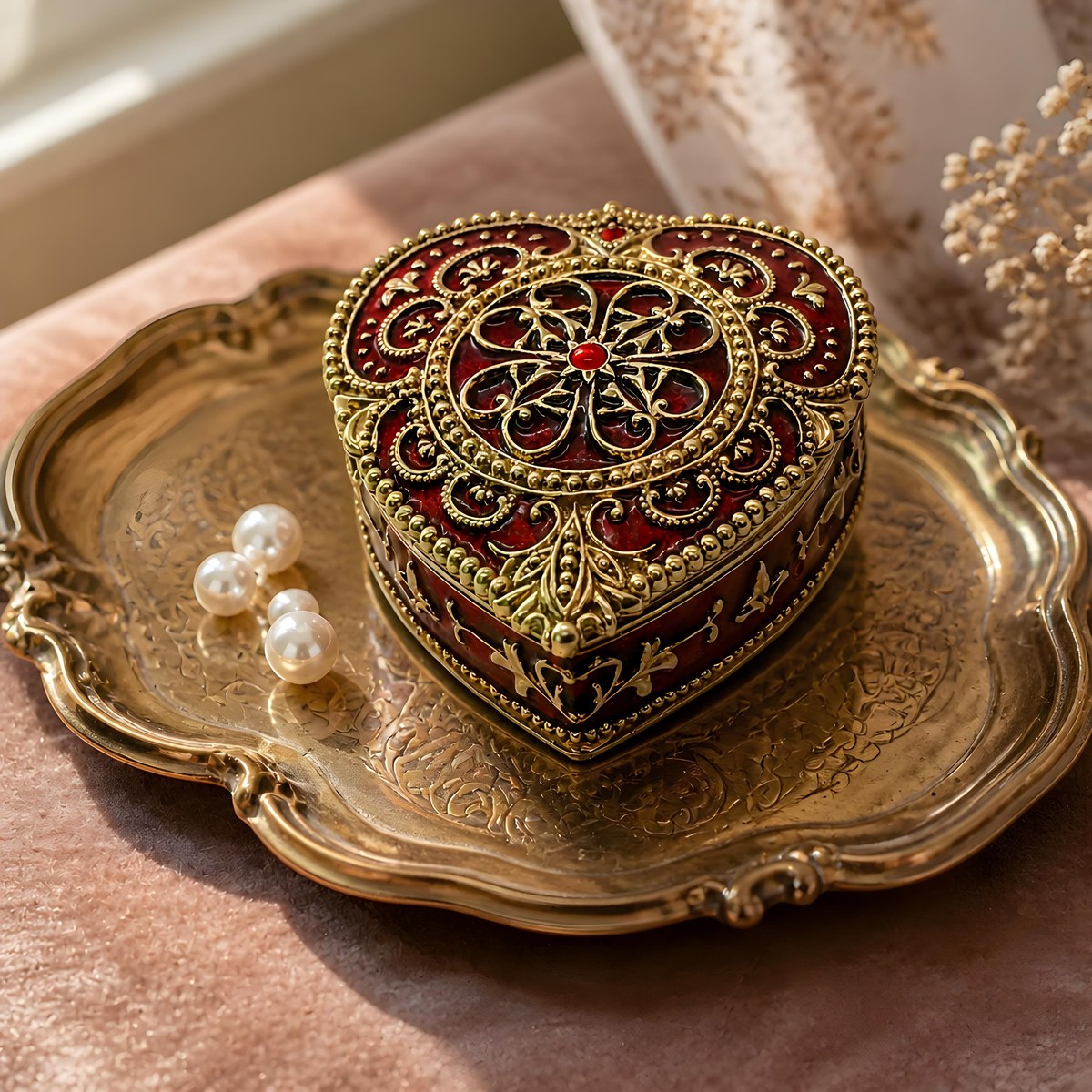 Brass Heart Trinket Box, Vintage Ruby Red Enamel Filigree Jewelry Box, Romantic Vanity Ring Box Gift for Her, view 20