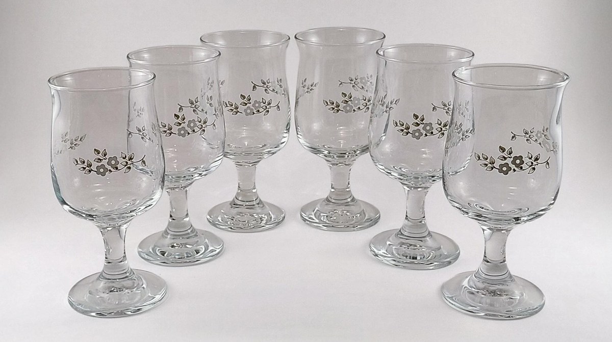Pfaltzgraff Heirloom Wine Glasses Set of 6, Vintage Floral Stemware 8 oz, Gray White Floral Dinner Party Glass, view 2