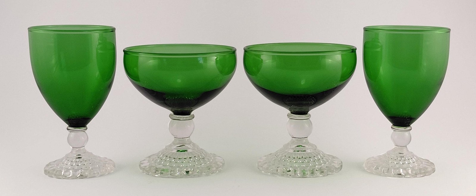 Anchor Hocking Boopie Green Glasses Set of 4, Vintage Berwick Bubble Foot Goblets and Sherbets, MCM Glassware